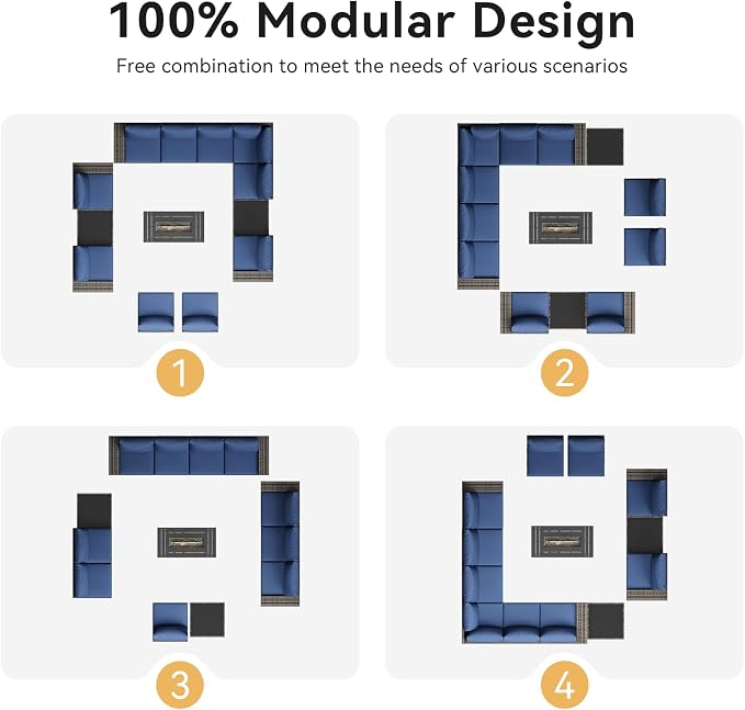 Aoxun Patio Furniture Sets with 44'' Fire Pit, 13 Pcs Outdoor Patio Coversation Set with 4in Thicken Cushion, Widen Armrests Wicker Outdoor Sectional for Backyard