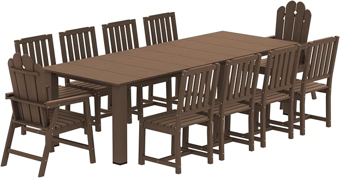 11 Piece Outdoor Dining Table for 10, HDPE Patio Furniture, Brown | 89.4” table,Large family 10 person dining set, mixed chair eco-friendly HDPE, heat and moisture resistant for outdoor dining