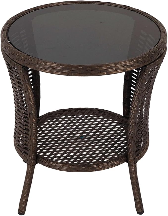 Kinfant Round Outdoor Wicker Side Table - with Tempered Glass Top, Patio End Table with Unique Shape, Storage Shelf for Balcony, Porch, Deck, Garden, Weather-Resistant, Easy Assembly, Black Gold