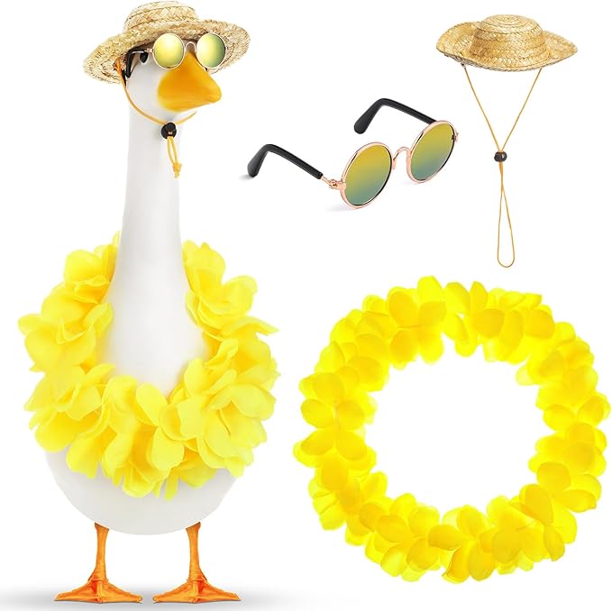 Shyyween Summer Porch Goose Outfits for Plastic Goose 23/17'' Hawaiian Lawn Patio Statue Clothes Straw Hat and Hawaiian Lei Costume(Yellow)