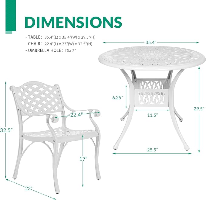 VIVIJASON 3-Piece Patio Furniture Dining Set, All-Weather Cast Aluminum Outdoor Bistro Set, Include 2 Dining Chairs and 35.4" Round Table w/ 2" Umbrella Hole for Balcony, Lawn, Garden, Backyard, White