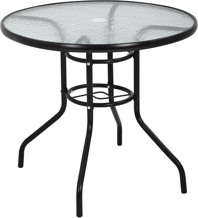 32" Outdoor Patio Table with Umbrella Hole Round Outdoor Coffee Table Tempered Glass Top, All Weather Dining Table Bistro Table Suitable for Backyards, Balconies, Gardens and Lawns (Round)