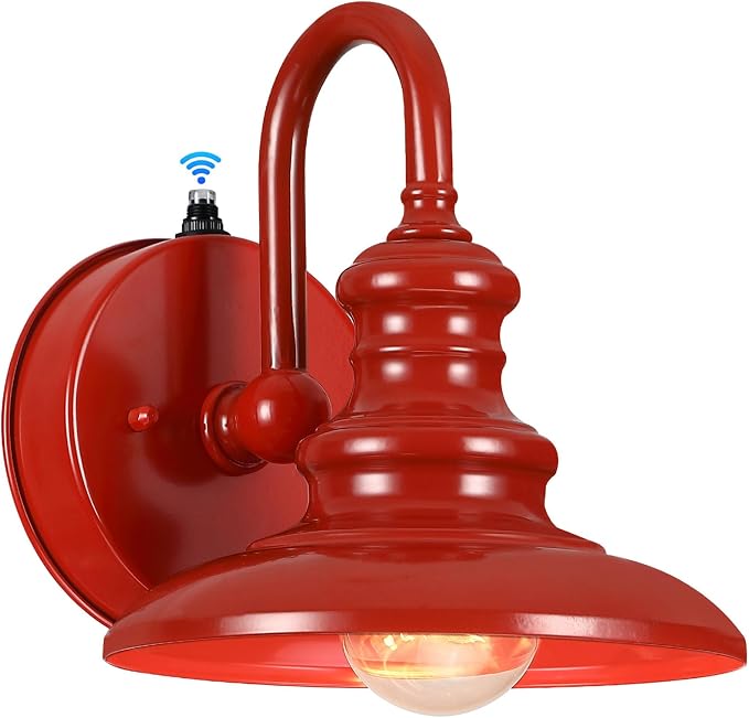 Dusk to Dawn Sensor Outdoor Gooseneck Barn Light Fixture Red | Exterior Wall Sconce Lighting Rustic Outside Porch Lantern Farmhouse Wall Mount Lamp for House Garage Patio