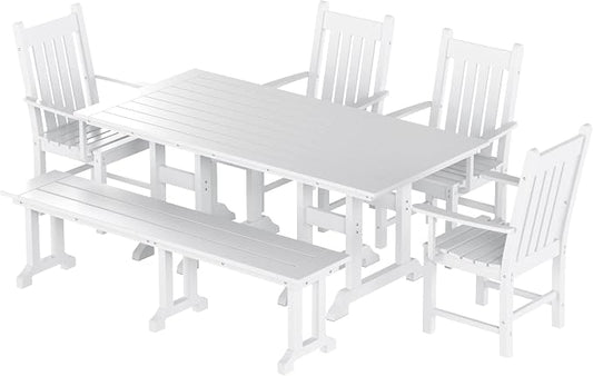 WO Home Furniture Adirondack Patio Dining Chair Table Bench Set of 6 PCS Rectangle Dinner Table Dining Arm-Chairs (White)