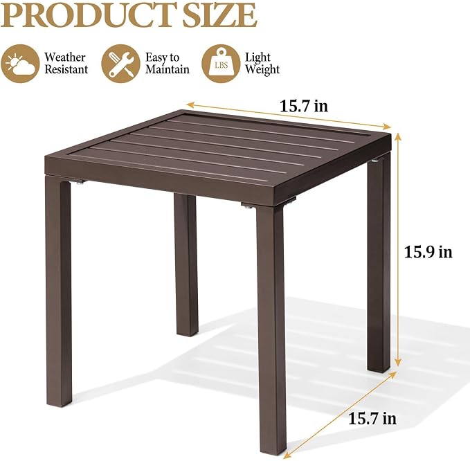 Crestlive Products Outdoor Side Table, Small Square Metal End Table Easy Assembly & Weather Resistant Pool Side Tables for Patio Balcony（Brown