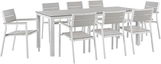 Lexmod Maine 9 Piece Outdoor Patio Dining Set in White Light Gray