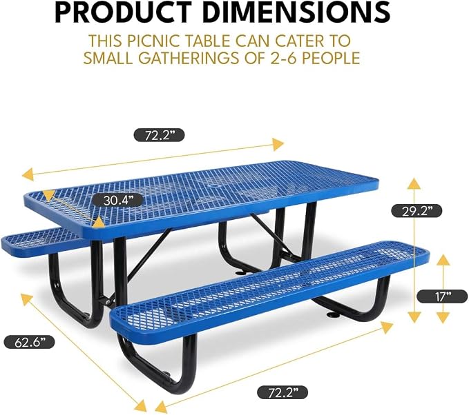 6 ft Outdoor Picnic Table with Umbrella Hole, Heavy-Duty Steel Frame, Rectangular Weather-Resistant Dining Table for Backyard, Patio & Garden, Blue
