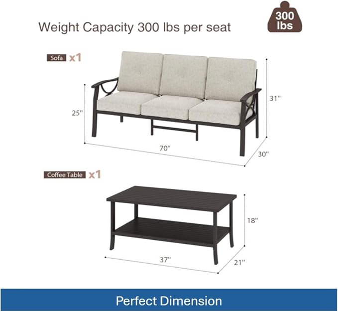 Hassyee 2 Pieces All-Weather Metal Outdoor Conversation Set with Coffee Table and Removable Cushions for Balcony, Patio Furniture Set with Modern Curved Design for Backyard, Lawn (2 PCS Set)