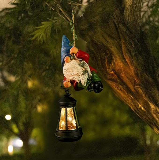 Solar Hanging Gnome Garden Statues Climbing Rope Gnome with LED Lantern | Summer Outdoor Decor Tree Hugger Yard Porch Wall Fence Decoration Mother's Day Birthday Gifts for Mom Women