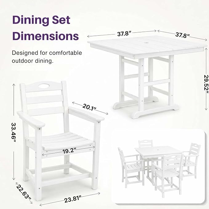 WILLIAMSPACE 37.8" Outdoor Patio Dining Set with 4 Armchairs, All Weather HDPE Square Dining Table with Umbrella Hole, Patio 5-Piece Bistro Set for Backyard, Balcony, Lawn, Kitchen (White)