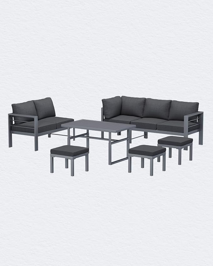 AECOJOY Aluminum Patio Furniture Set, 8 Seats Modern Outdoor Furniture with Adjustable Table, 7 Pieces Metal Conversation Sectional Sofa, Dark Gray