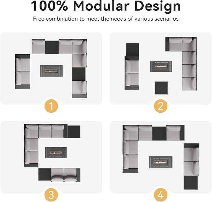 Aoxun Patio Furniture Sets with 44'' Fire Pit, 10 Pcs Outdoor Patio Coversation Set with 4'' Thicken Cushion and Coffee Table, Widen Armrests Wicker Outdoor Sectional for Backyard & Garden, Grey