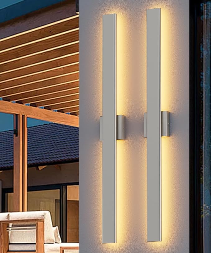 Aipsun 2 Packs Nickel Outdoor Wall Light 39.4inch Modern LED Exterior Wall Sconce, Long LED Linear Exterior Lights 3000K 4000K 6000K for Entrance, Hallway, Garage, Porch(3CCT)