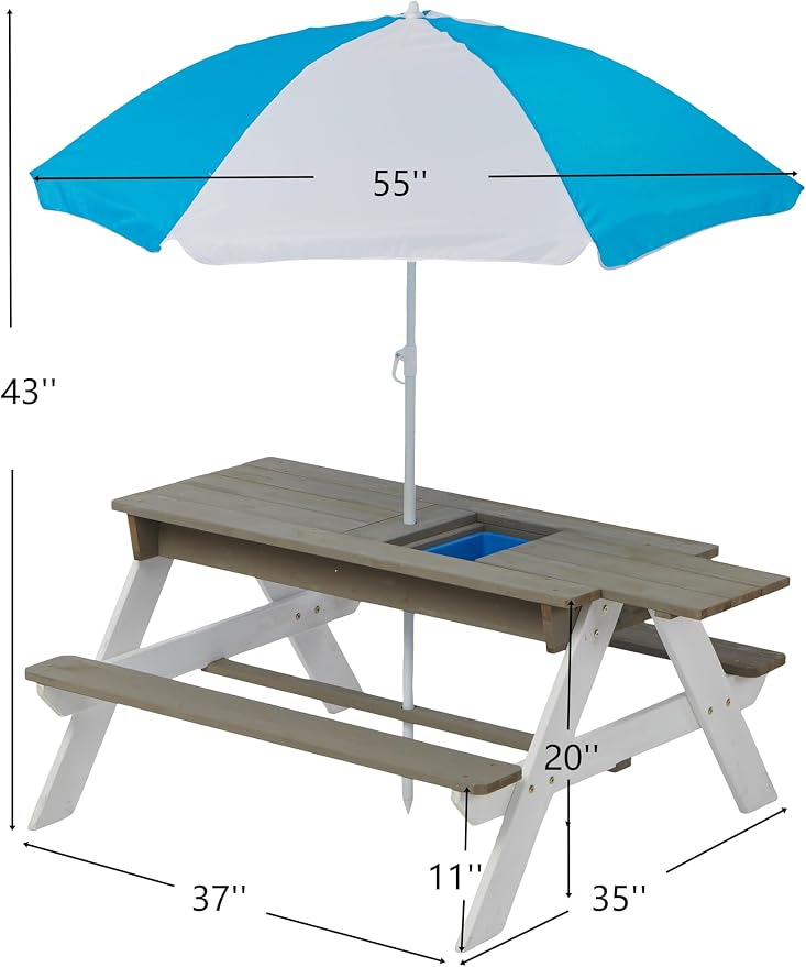 Kids Outdoor Picnic Table with Sand and Water Play, Wooden Activity Table with Umbrella for Backyard Patio Fun