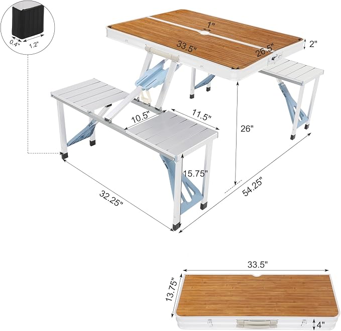 Picnic Table,Folding Picnic Table with Umbrella Hole, Aluminum Suitcase Portable Outdoor Table with Bench, Patio, Porch or Camping Table and Chair Set (Wood Color, Aluminum Alloy)