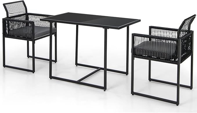 DORTALA Wicker Outdoor Bistro Set 3 Piece, Small Patio Furniture Dining Set with with Cushions, Tempered Glass Tabletop, All- Weather Table and Chairs for Backyard, Balcony, Poolside, Black+Grey