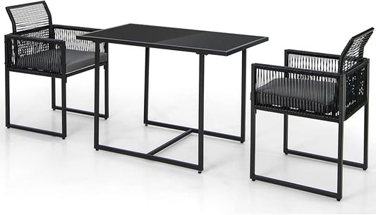 DORTALA Wicker Outdoor Bistro Set 3 Piece, Small Patio Furniture Dining Set with with Cushions, Tempered Glass Tabletop, All- Weather Table and Chairs for Backyard, Balcony, Poolside, Black+Grey