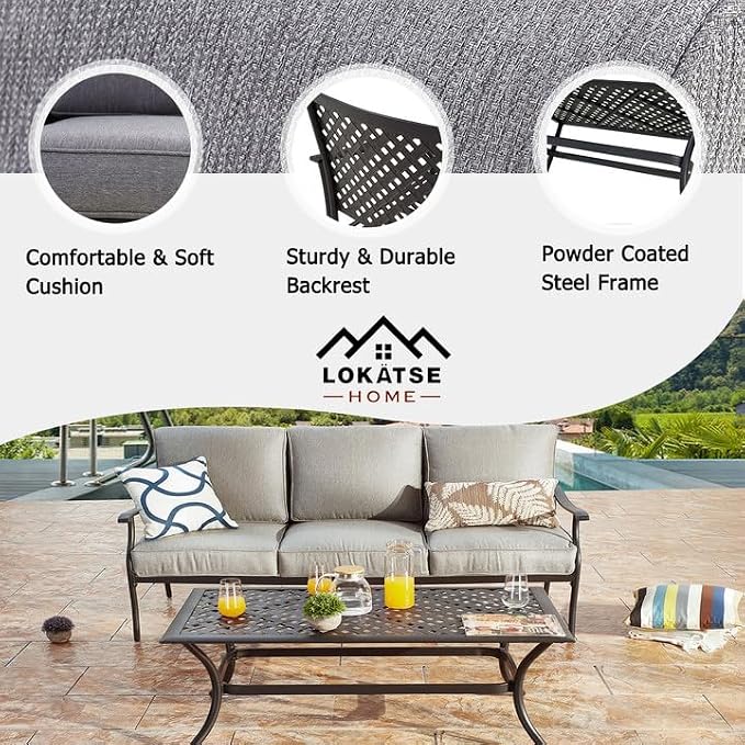 LOKATSE HOME 3 Seat Metal Patio Loveseat Bench Outdoor Furniture Bistro Set with Coffee Table for Lawn Front Porch Garden Yard or Poolside, Grey
