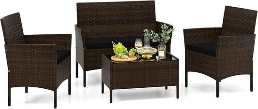 Tangkula 4 Piece Patio Rattan Conversation Set, Outdoor Wicker Furniture Set with Chair, Loveseat & Tempered Glass Table, Cozy Seat Cushions, Outside Sectional Sofa Set for Backyard, Porch (1,Black)