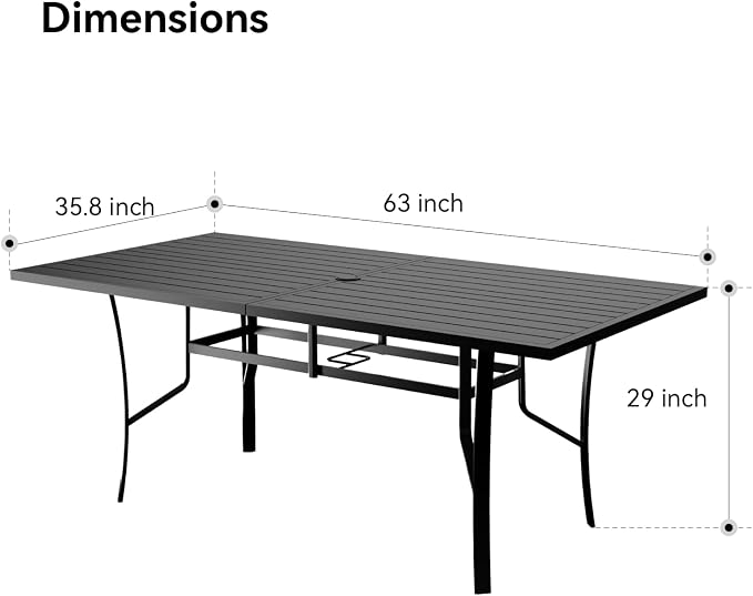 Trevero 7 Pieces Outdoor Dining Table 63"x36", Rectangle Patio Dining Table and Chairs with Stable Metal Frame for Garden, Backyard and Porch, Umbrella Hole Design, Suitable for 6 People
