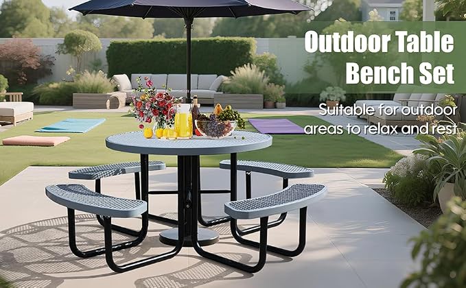 8 Person Metal Picnic Table for Outdoors, 46Inch Heavy Duty Sturdy Round Picnic Tables W/ 4 Benches & Umbrella Hole, Weatherproof Commercial Picnic Table for Garden, BBQ, Coffee Store, Patio, Porch