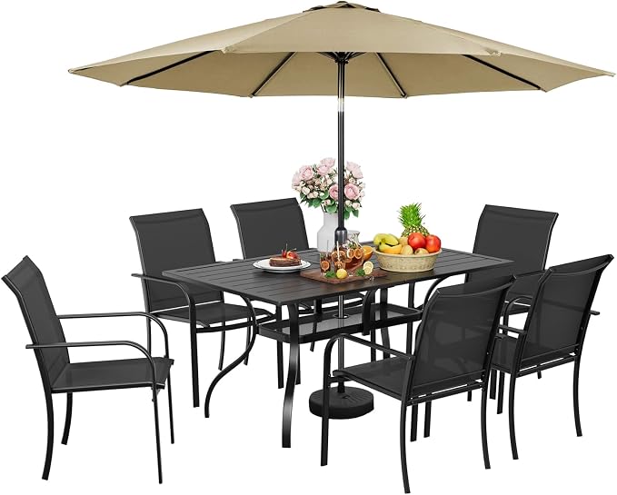 Incbruce 8 Pieces Patio Dining Set with Brown Umbrella, Outdoor Dining Set of 6 Textilene Chairs and Rectangle Table with Umbrella Hole for Backyard, Garden, and Poolside (Black)