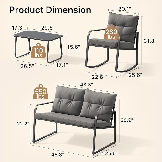 Gizoon 7-pc Outdoor Patio Furniture Set, Black Steel Patio Rocking Chairs Conversation Set with Loveseat, 6-Person Porch Bistro Set with Glass Coffee Table & Side Tables for Garden, Backyard, Grey