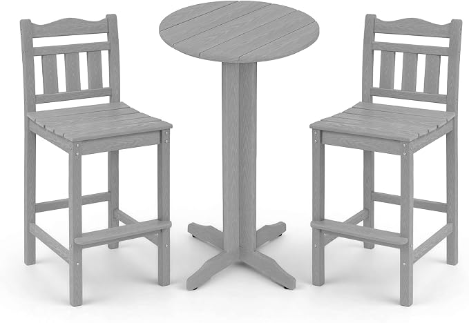 3-Piece Outdoor Bar Set, HDPE Adirondack Bar Height Chairs Set of 2 and Round Bar Table, All Weather Patio Bar Set Outdoor Bar Stools Set for Balcony, Poolside, Backyard (Slate Grey)