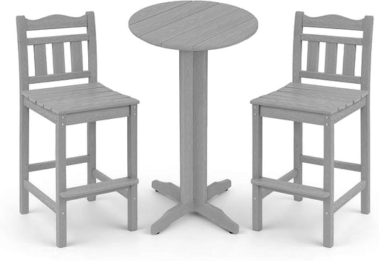 3-Piece Outdoor Bar Set, HDPE Adirondack Bar Height Chairs Set of 2 and Round Bar Table, All Weather Patio Bar Set Outdoor Bar Stools Set for Balcony, Poolside, Backyard (Slate Grey)