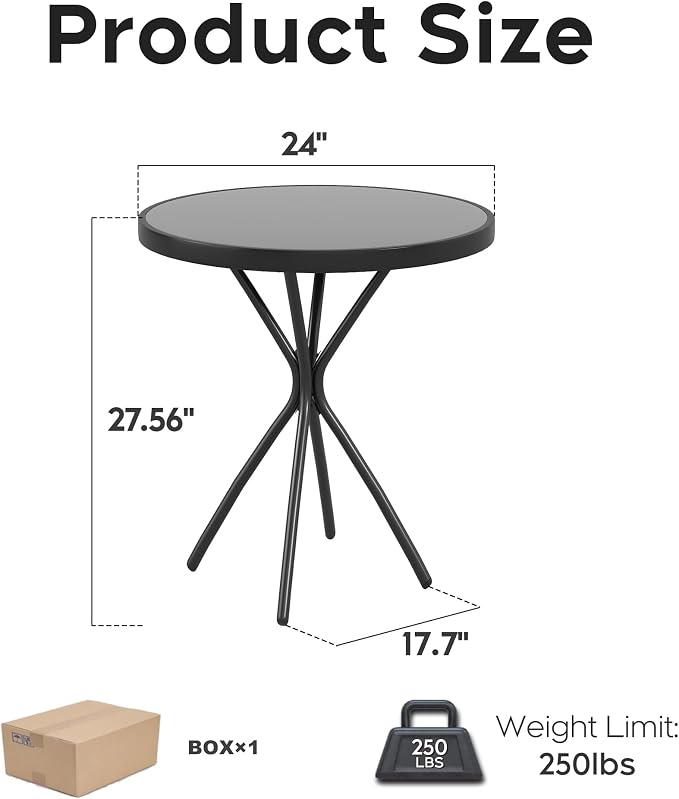 Round Patio Side Table, 24 Inch, Tempered Glass Top, Black