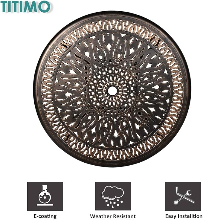 TITIMO 5 Piece All-Weather Cast Aluminum Outdoor Patio Deck Dining Set w/Round Table and 4 Chairs, Khaki Cushions, Umbrella Hole - Deep Bronze