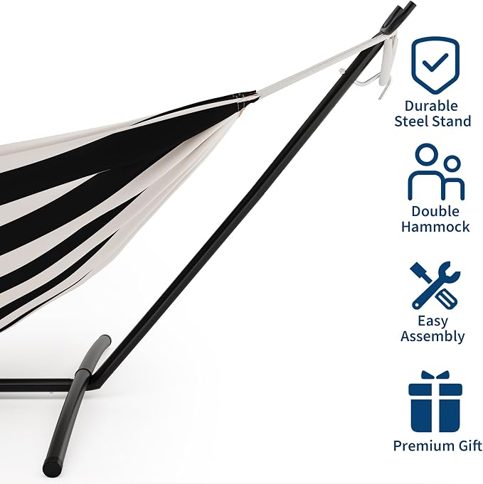 Double Hammock with Steel Stand, 450lbs Capacity Heavy Duty 2 Person Portable Cotton Hammocks for Backyard Patio Garden Camping, Carrying Bag Included, Brazilian Style