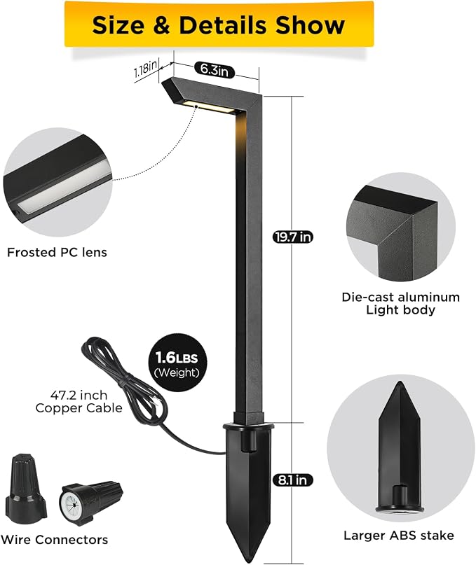 3CCT LED Low Voltage Landscape Pathway Light, 12V Premium 3000K/4000K/5000K Selectable Path Lights Wired, Modern Walkway Lights Outdoor, Higher Housing with Larger Stake (19.7IN, 8 Pack)