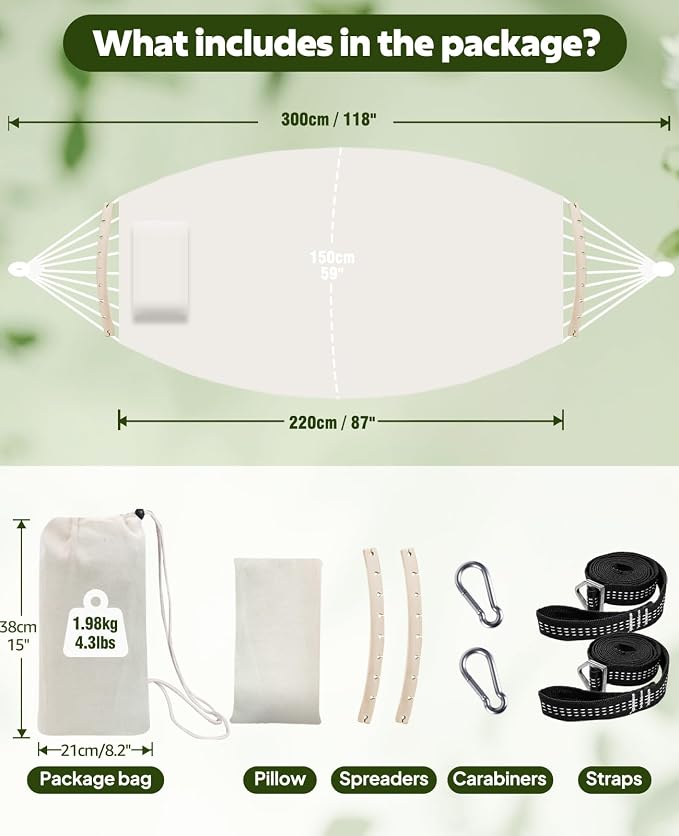 Chihee Hammock for Stand 9.8ft x 4.9ft Soft Cotton Hammock Holds Up to 660lbs Portable Tree Hammocks with Detachable Spreader Bar Pillow 2 Strong Webbings 2 Carabiners Patio Garden Indoor Outdoor