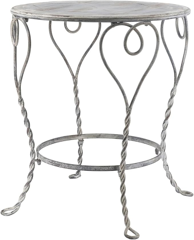 Heart Iron Side Table, Distressed Silver 26x26x30 in | Distressed silver iron, heart swirl design, twisted legs, round lower ring shelf, 2-tier, assembly required