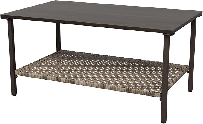 Vista Oasis Outdoor Steel Patio Table, Patio Coffee Table with Lower Storage, Outdoor Furniture for Balcony, Porch and Garden, Wood Grain Top