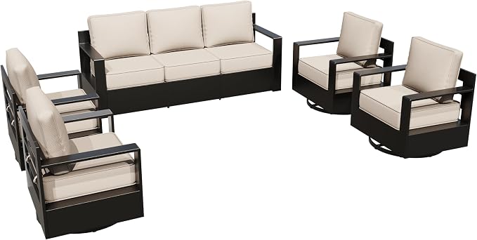 Aluminum Outdoor Conversation Furniture Set - All Weather Patio 79" Sofa with 4 Swivel Rocker Chairs, 6" Water-Resistant Cushions & Furniture Covers & Metal Armrest for Backyard (Beige)