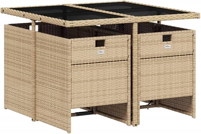 5 Piece Patio Dining Set with Cushions Beige Poly Rattan Outdoor Table and 4 Folding Chairs for Garden Backyard Porch Space Saving Glass Top UV Proof