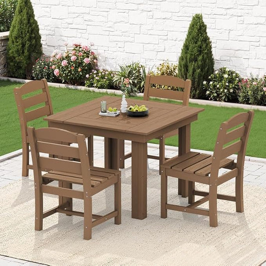 KINGYES 5-Piece HDPE Outdoor Dining Set for 4, Square Patio Table & Armless Chairs with Umbrella Hole, All-Weather Patio Dining Set for Backyard, Garden, Lawn & Poolside, Brown