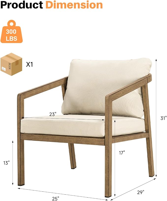 Teak Patio Sofa Chairs Set of 2, Never-Rust Aluminum Outdoor Armchair with Removable Cushions, All Weather 2 Pieces Outdoor Club Chairs, Outdoor Sofa Chairs for Garden, Porch, Balcony