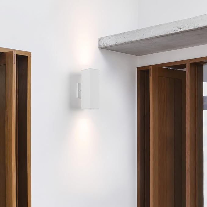 mirrea 12" Modern Outdoor Porch Light in 2 Lights, Matte White, 2 Pack | Patio wall sconce, aluminum rectangular tube, tempered glass, waterproof. Up & down lighting for outdoor wall mount fixture.