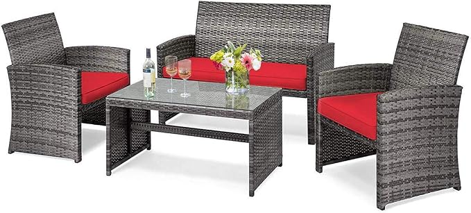 DORTALA 4 Piece Patio Furniture Set, Outdoor Wicker Conversation Set with Soft Cushions & Tempered Glass Coffee Table, Rattan Patio Sofa Bistro Sets for Courtyard Balcony, Red