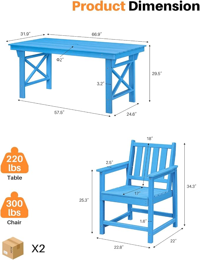 HDPE Patio Dining Set, 5-Piece Outdoor Table and Chairs with Umbrella Hole, Modern Outdoor Dining Set for 4, HDPE Outdoor Patio Furniture Dining Sets for Deck, Poolside, Porch, Sky Blue