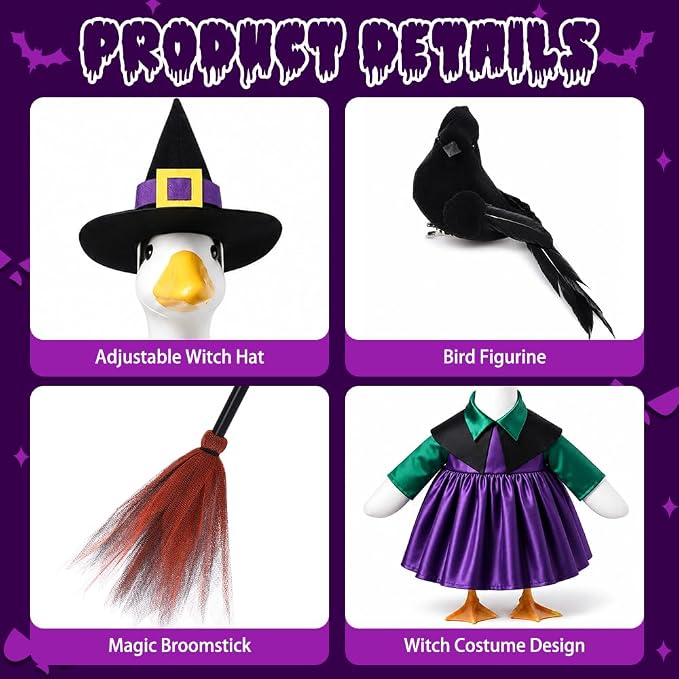 Celltestria Halloween Goose Outfit Witch Lawn Porch Goose Clothes Fall Halloween Crow Goose Costume for 23" Geese Outdoor Patio Yard Lawn Decoration
