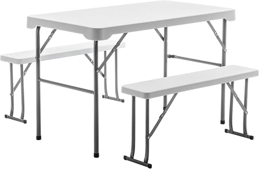 BTEXPERT 3-Piece Set Plastic Portable Folding Beer Picnic Table & Two Benches Seats Foldable Heavy Duty White for Party RV Patio Dining Event Camping Outdoor Activity Commercial Family Home Garden