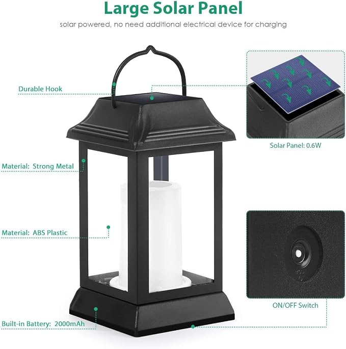 TomCare Flickering Flame Solar Lights Outdoor Metal Hanging Lantern, 2 Pack | Realistic Flame Effect, Charges in 6-8 Hours, 10-12-Hour Runtime, IP65 Waterproof, Auto On/Off for Patio, Garden and Porch