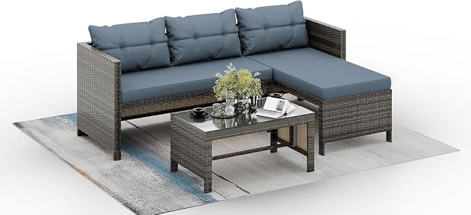 Outdoor PE Rattan Sofa 3 Piece Patio Corner Sofa Wicker Patio Conversation Furniture Set with White Couch and Coffee Table