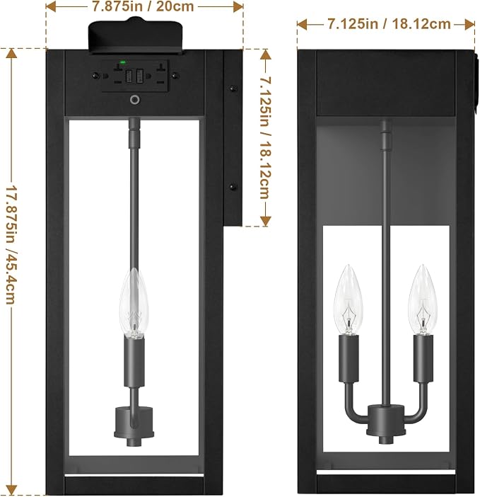 2-Pack 17.87" Extra Large Outdoor Wall Lights with GFCI Outlet, Black 2-Light Porch Lights Outdoor, Waterproof Exterior Lamp with E12 Sockets for House, Porch, Patio, Garage