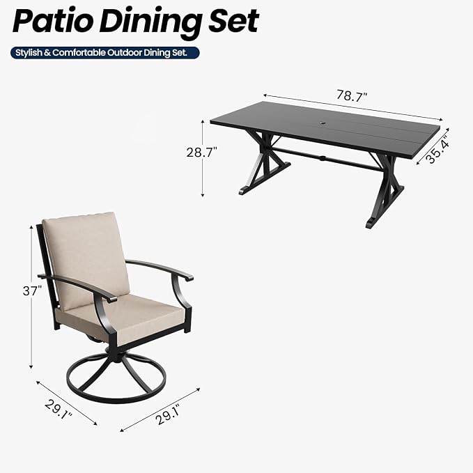 7 Pieces Outdoor Patio Dining Set,Patio Table and Chairs Metal Outdoor Patio Furniture Set with Umbrella Hole,Dining Table Set with 6 Swivel Chairs for Deck,Backyard and Garden,Brown