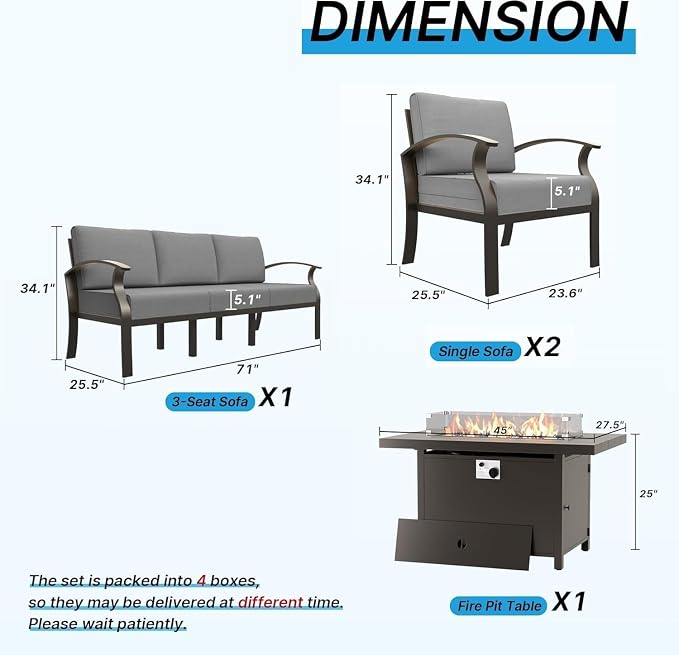 Gotland Aluminum Patio Furniture Set, 4 PCS Metal Outdoor Furniture with 45’’ Fire Pit Table Waterproof 5.1'' Seat Cushions 34.1’’ High Back, Oversized Outdoor Sectional Patio Conversation Sets, Grey